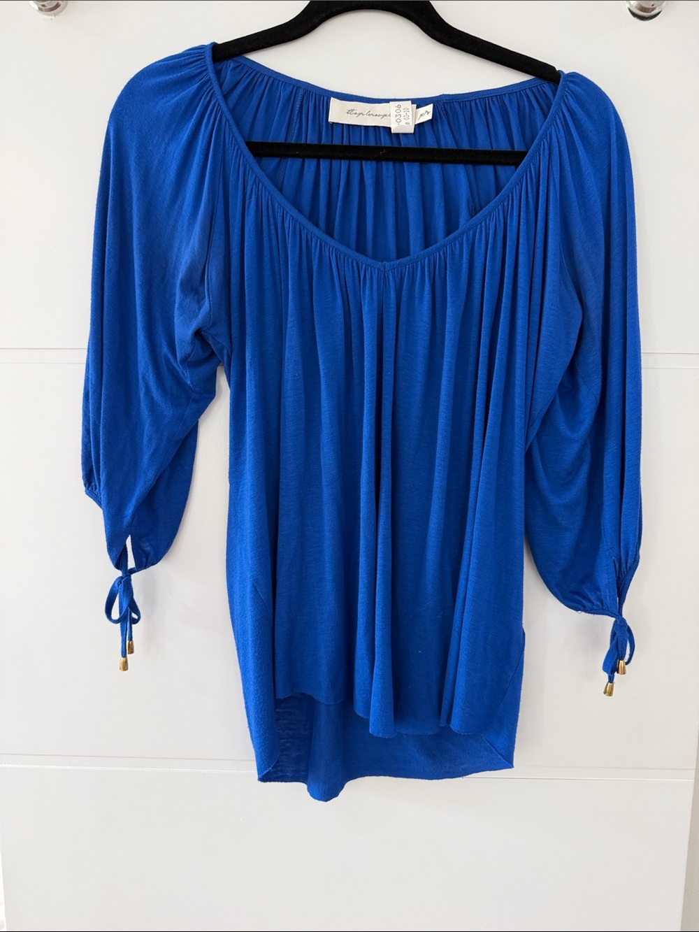 T-Bags Royal Blue Flowing V-Neck Blouse with Tie Sleeves